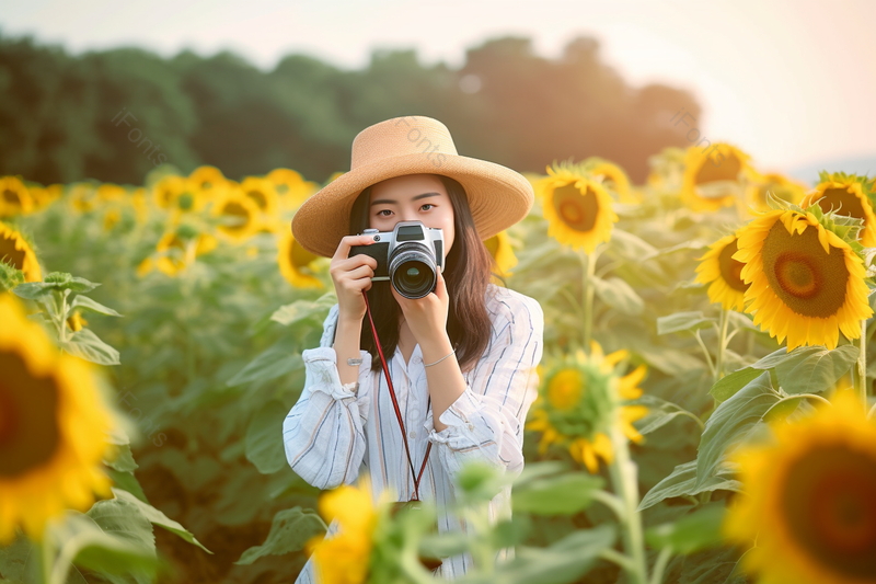 在向日葵花田中拿着相机拍照的戴着帽子长头发的女孩摄影背景,高清,摄影图,摄影图片,图片大全,摄影图免费下载